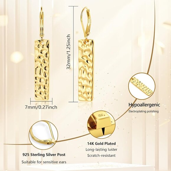 14K Gold Plated French Lightweight Square Bar Long Drop Leverback Earrings - Picture 3 of 8